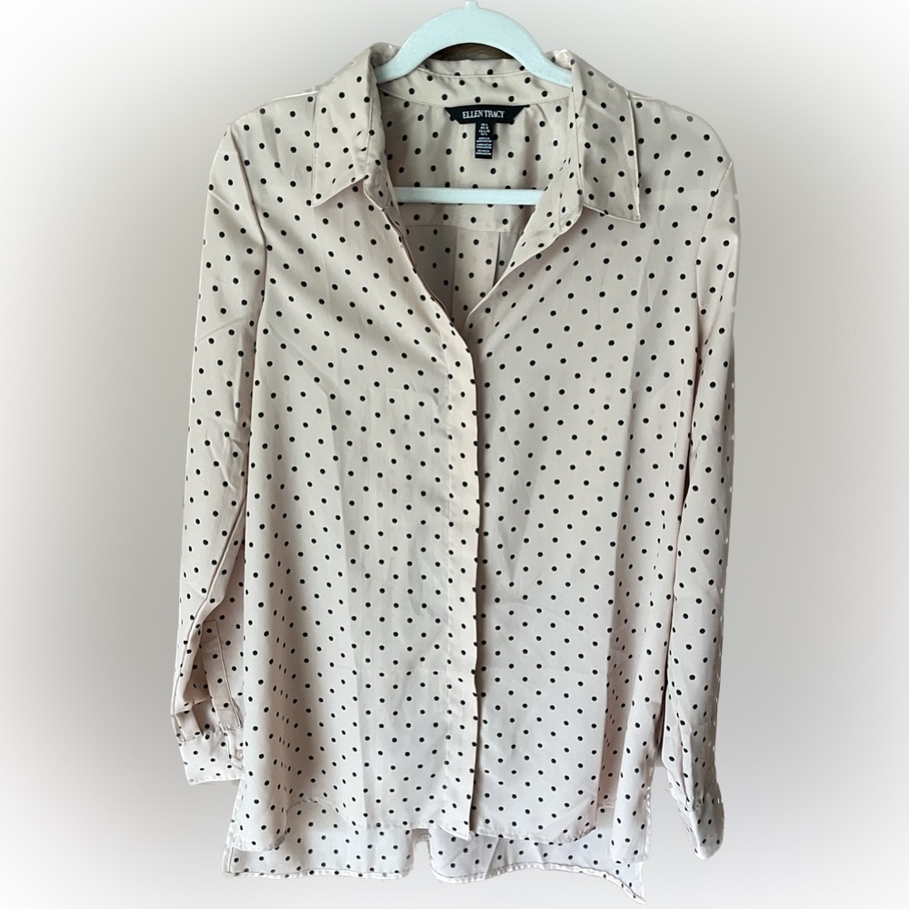 Ellen Tracy Peach & Black Polka Dot Long Sleeve Button-Down Women Shirt Size L